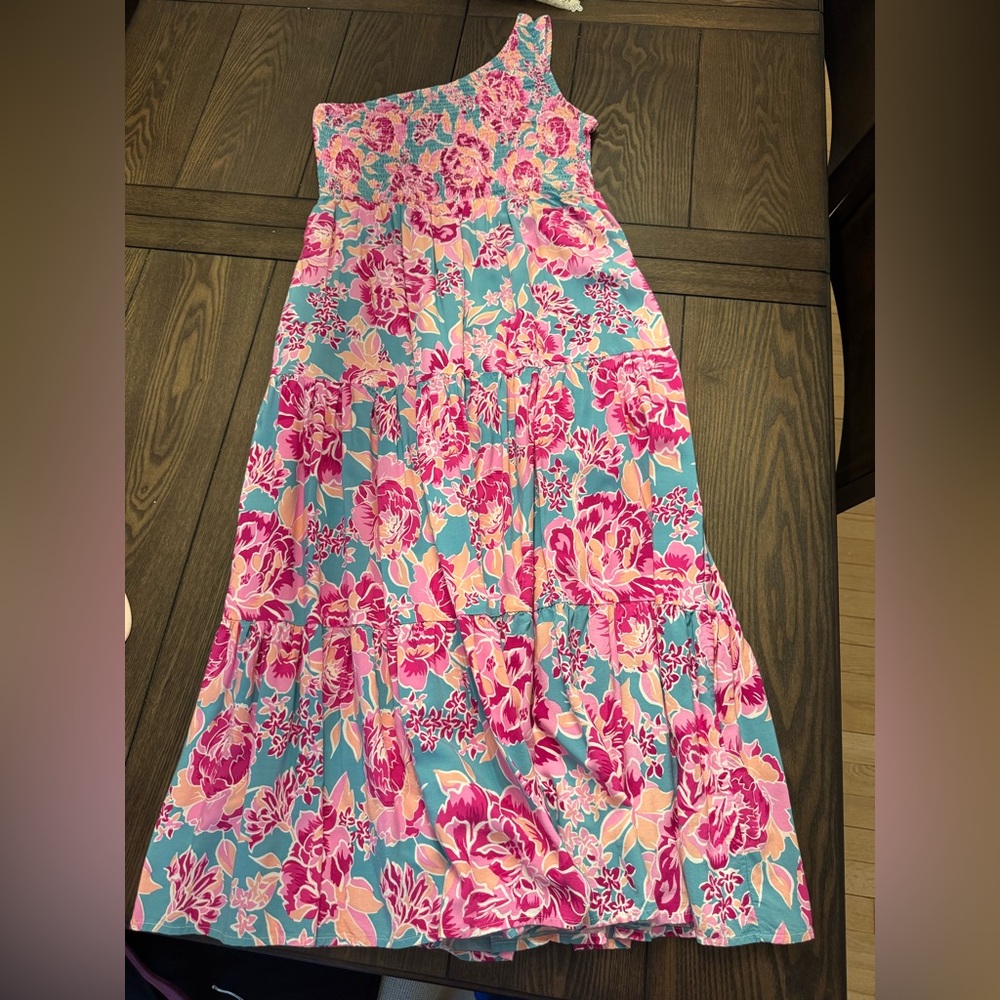 Anrabess One Shoulder Floral Maxi Dress in Teal & Fuchsia